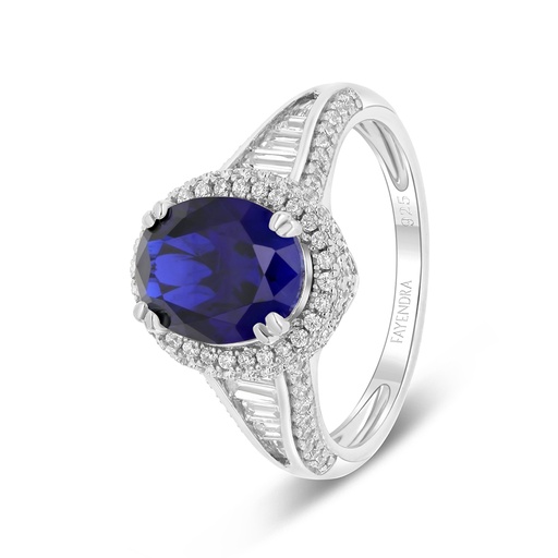 Sterling Silver 925 Ring Rhodium Plated Embedded With Sapphire Corundum And White Zircon