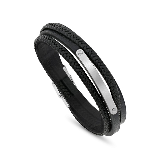 [BRC0900000000A202] Stainless Steel 304L Bracelet, Silver Plated Embedded With Black Leather For Men