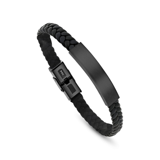 [BRC0900000000A207] Stainless Steel 304L Bracelet, Black Plated Embedded With Black Leather For Men