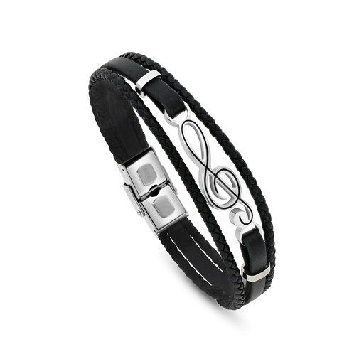[BRC0900000000A208] Stainless Steel 304L Bracelet, Silver Plated Embedded With Black Leather For Men