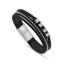 Stainless Steel 316L Bracelet, Silver Plated Embedded With Black Leather For Men