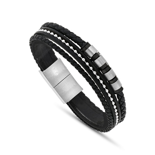 [BRC0900000000A209] Stainless Steel 316L Bracelet, Silver Plated Embedded With Black Leather For Men