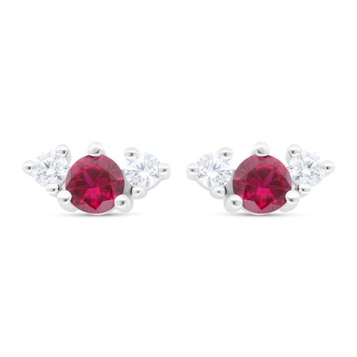 [EAR01RUB00WCZC434] Sterling Silver 925 Earring Rhodium Plated Embedded With Ruby Corundum And White Zircon
