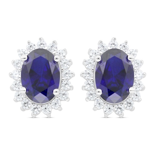 [EAR01SAP00WCZC439] Sterling Silver 925 Earring Rhodium Plated Embedded With Sapphire Corundum And White Zircon