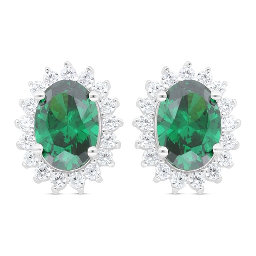 [EAR01EMR00WCZC439] Sterling Silver 925 Earring Rhodium Plated Embedded With Emerald Zircon And White Zircon