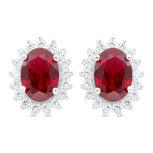 [EAR01RUB00WCZC439] Sterling Silver 925 Earring Rhodium Plated Embedded With Ruby Corundum And White Zircon