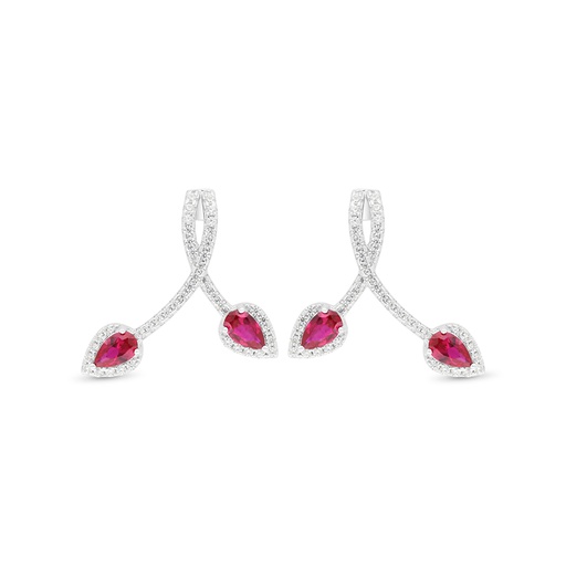 [EAR01RUB00WCZC445] Sterling Silver 925 Earring Rhodium Plated Embedded With Ruby Corundum And White Zircon