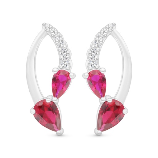 [EAR01RUB00WCZC471] Sterling Silver 925 Earring Rhodium Plated Embedded With Ruby Corundum And White Zircon