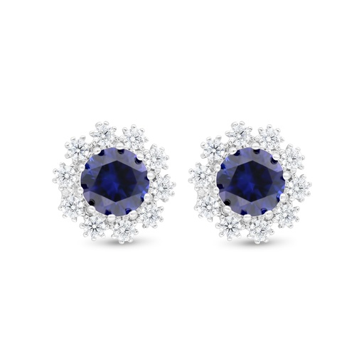 [EAR01SAP00WCZC472] Sterling Silver 925 Earring Rhodium Plated Embedded With Sapphire Corundum And White Zircon