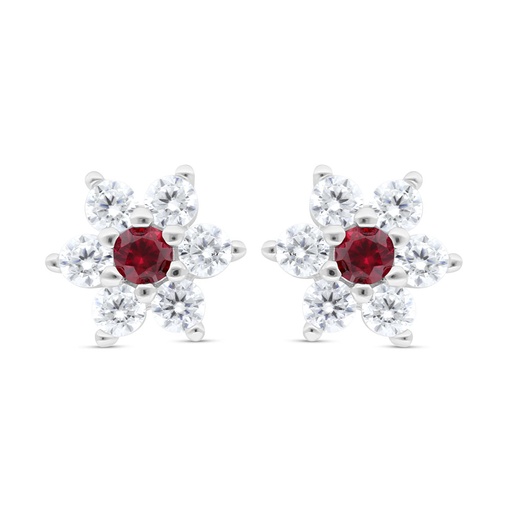 [EAR01RUB00WCZC473] Sterling Silver 925 Earring Rhodium Plated Embedded With Ruby Corundum And White Zircon