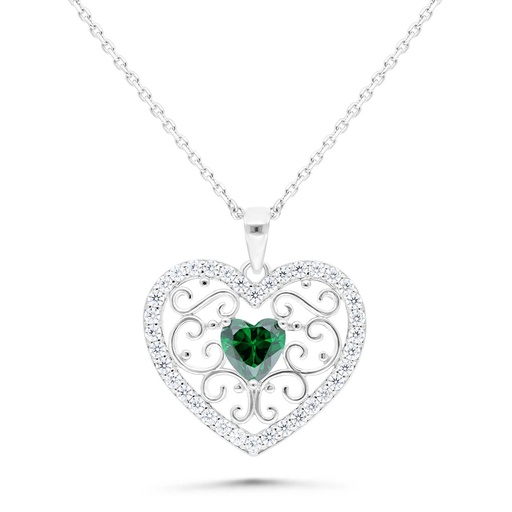 [NCL01EMR00WCZB496] Sterling Silver 925 Necklace Rhodium Plated Embedded With Emerald Zircon And White Zircon