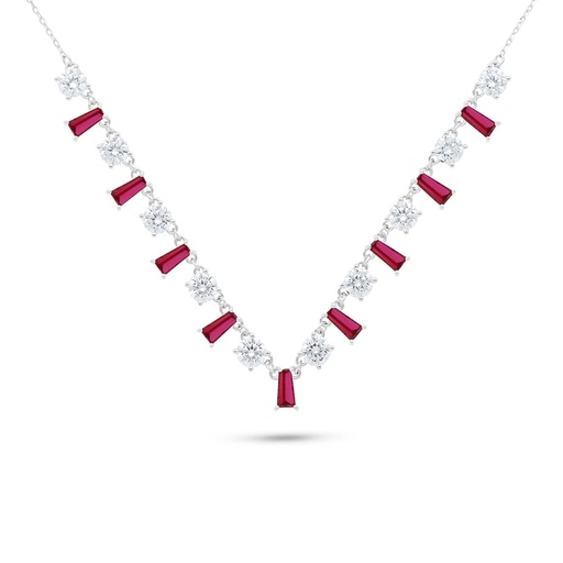 [NCL01RUB00WCZB498] Sterling Silver 925 Necklace Rhodium Plated Embedded With Ruby Corundum And White Zircon