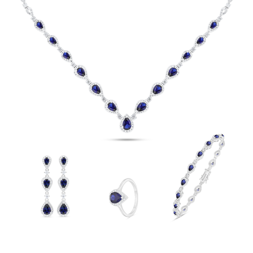 Sterling Silver 925 SET Rhodium Plated Embedded With Sapphire CorundumAnd White Zircon