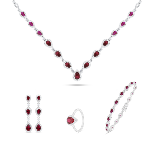 Sterling Silver 925 SET Rhodium Plated Embedded With Ruby Corundum And White Zircon