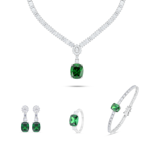 Sterling Silver 925 SET Rhodium Plated Embedded With Emerald Zircon And White Zircon