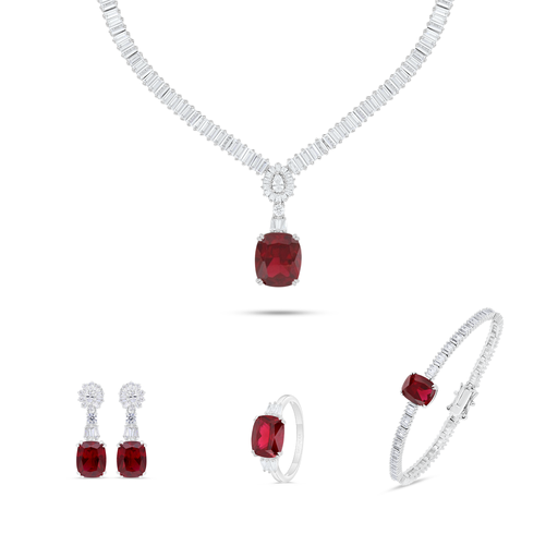 Sterling Silver 925 SET Rhodium Plated Embedded With Ruby Corundum And White Zircon