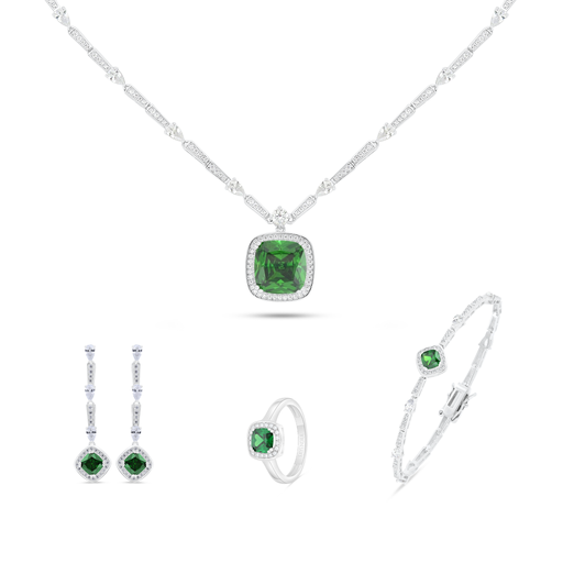 Sterling Silver 925 SET Rhodium Plated Embedded With Emerald Zircon And White Zircon