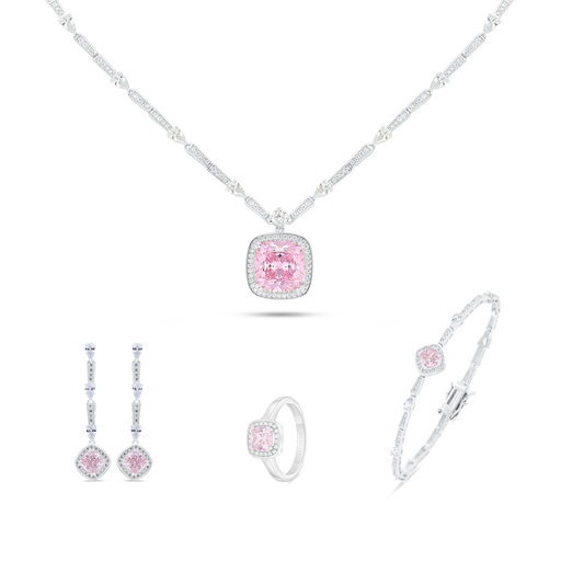 Sterling Silver 925 SET Rhodium Plated Embedded With pink  Zircon And White Zircon