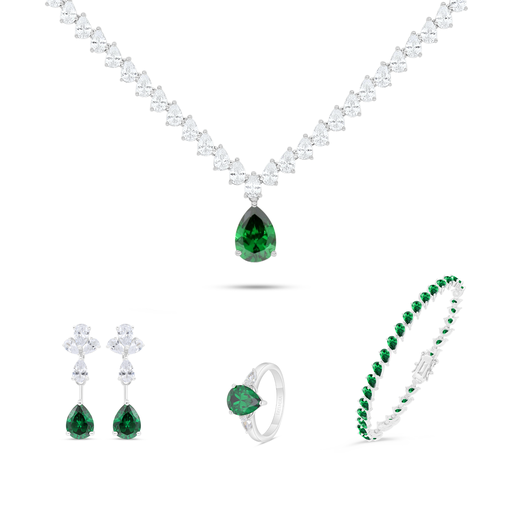 Sterling Silver 925 SET Rhodium Plated Embedded With Emerald Zircon And White Zircon