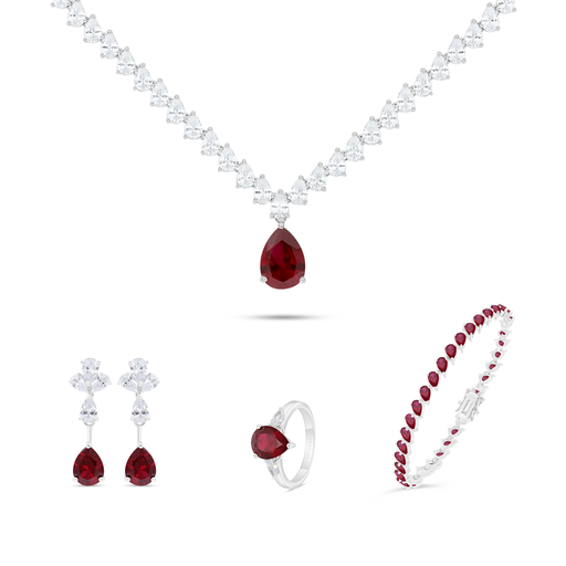 Sterling Silver 925 SET Rhodium Plated Embedded With Ruby Corundum And White Zircon