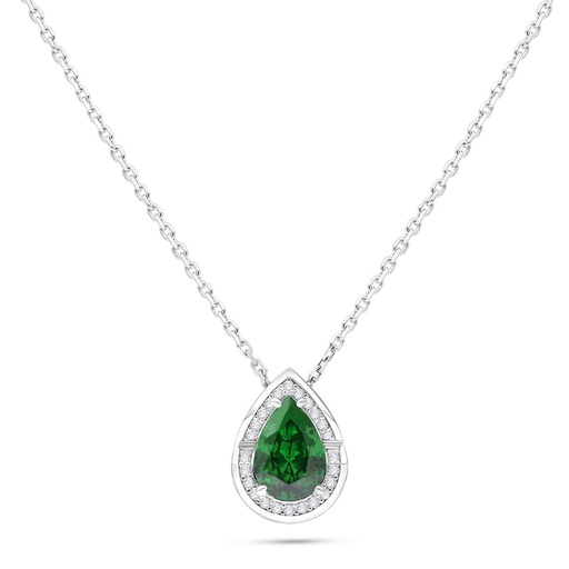 [NCL01EMR00WCZB515] Sterling Silver 925 Necklace Rhodium Plated Embedded With Emerald Zircon And White Zircon