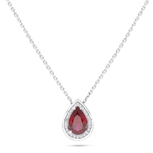 [NCL01RUB00WCZB515] Sterling Silver 925 Necklace Rhodium Plated Embedded With Ruby Corundum And White Zircon