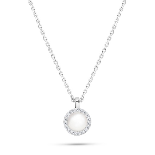 [NCL01PRL00WCZB530] Sterling Silver 925 Necklace Rhodium Plated Embedded With White Shell Pearl And White CZ