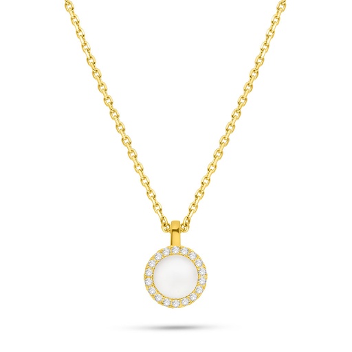 [NCL02PRL00WCZB530] Sterling Silver 925 Necklace Golden Plated Embedded With White Shell Pearl And White CZ