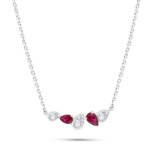 [NCL01RUB00WCZB537] Sterling Silver 925 Necklace Rhodium Plated Embedded With Ruby Corundum And White Zircon