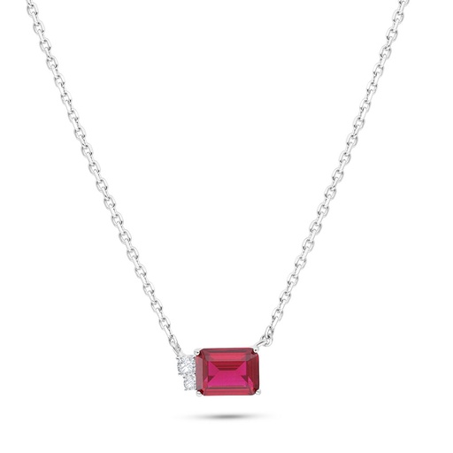 [NCL01RUB00WCZB539] Sterling Silver 925 Necklace Rhodium Plated Embedded With Ruby Corundum And White Zircon