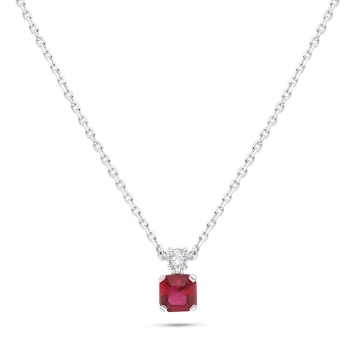 [NCL01RUB00WCZB545] Sterling Silver 925 Necklace Rhodium Plated Embedded With Ruby Corundum And White Zircon