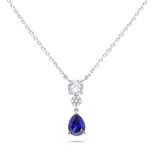 [NCL01SAP00WCZB546] Sterling Silver 925 Necklace Rhodium Plated Embedded With Sapphire Corundum And White Zircon