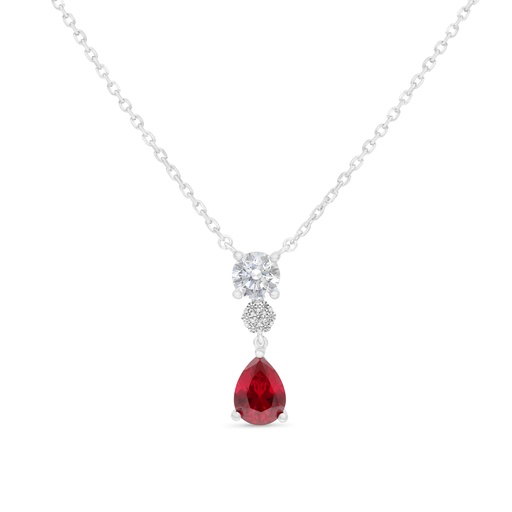 [NCL01RUB00WCZB546] Sterling Silver 925 Necklace Rhodium Plated Embedded With Ruby Corundum And White Zircon