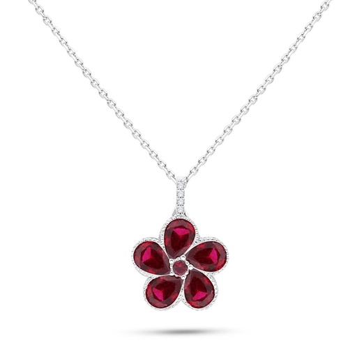 [NCL01RUB00WCZB561] Sterling Silver 925 Necklace Rhodium Plated Embedded With Ruby Corundum And White Zircon