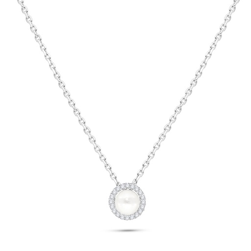 [NCL01PRL00WCZB567] Sterling Silver 925 Necklace Rhodium Plated Embedded With White Shell Pearl And White Zircon