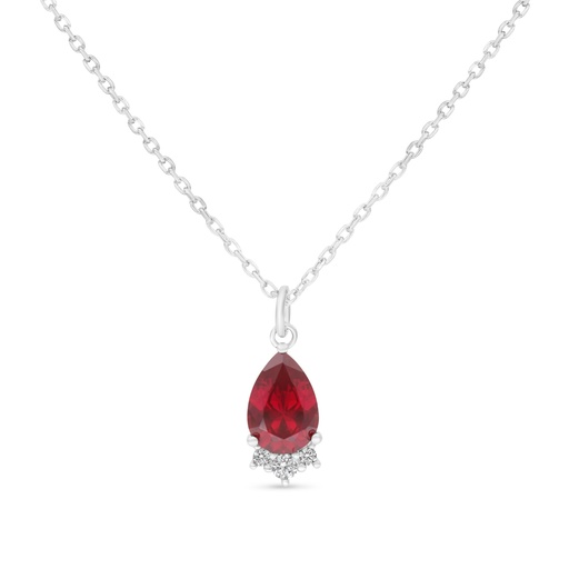 [NCL01RUB00WCZB574] Sterling Silver 925 Necklace Rhodium Plated Embedded With Ruby Corundum And White Zircon