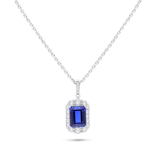 [NCL01SAP00WCZB577] Sterling Silver 925 Necklace Rhodium Plated Embedded With Sapphire Corundum And White Zircon