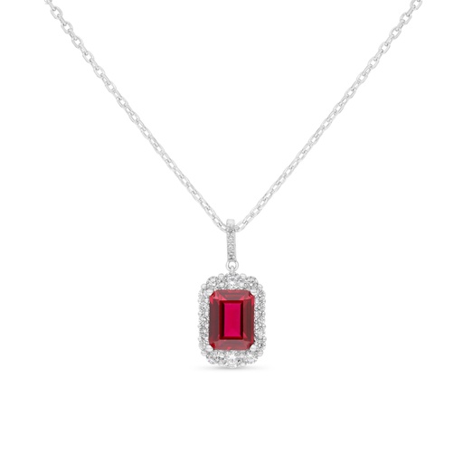 [NCL01RUB00WCZB577] Sterling Silver 925 Necklace Rhodium Plated Embedded With Ruby Corundum And White Zircon