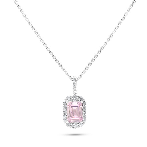 [NCL01PIK00WCZB577] Sterling Silver 925 Necklace Rhodium Plated Embedded With pink Zircon And White Zircon