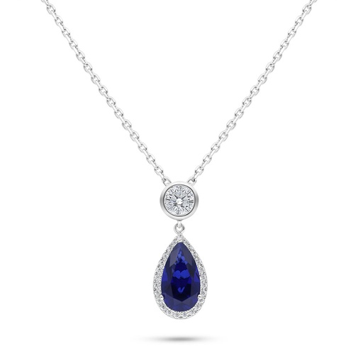 [NCL01SAP00WCZB578] Sterling Silver 925 Necklace Rhodium Plated Embedded With Sapphire Corundum And White Zircon