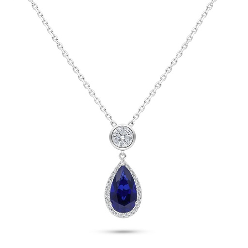 [NCL01SAP00WCZB578] Sterling Silver 925 Necklace Rhodium Plated Embedded With Sapphire Corundum And White Zircon