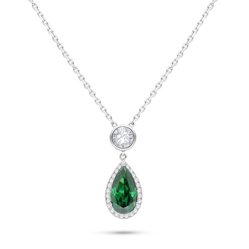 [NCL01EMR00WCZB578] Sterling Silver 925 Necklace Rhodium Plated Embedded With Emerald Zircon And White Zircon