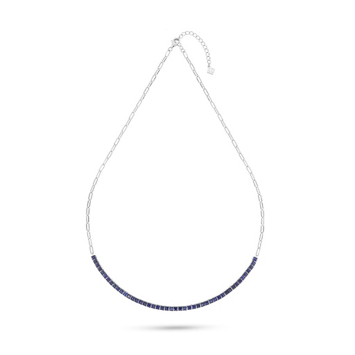 [NCL01SAP00WCZB590] Sterling Silver 925 Necklace Rhodium Plated Embedded With Sapphire Corundum And White Zircon