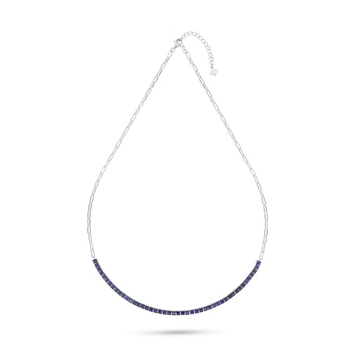 [NCL01SAP00WCZB590] Sterling Silver 925 Necklace Rhodium Plated Embedded With Sapphire Corundum And White Zircon