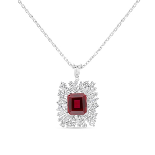 [NCL01RUB00WCZB601] Sterling Silver 925 Necklace Rhodium Plated Embedded With Ruby Corundum And White Zircon