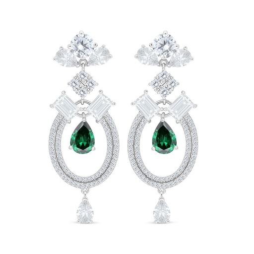 [EAR01EMR00WCZC476] Sterling Silver 925 Earring Rhodium Plated Embedded With Emerald Zircon And White Zircon