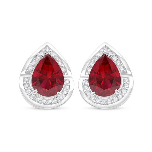 [EAR01RUB00WCZC478] Sterling Silver 925 Earring Rhodium Plated Embedded With Ruby Corundum And White Zircon