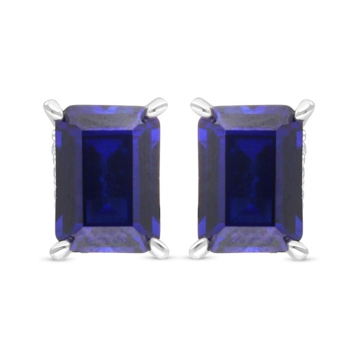 [EAR01SAP00WCZC485] Sterling Silver 925 Earring Rhodium Plated Embedded With Sapphire Corundum And White Zircon