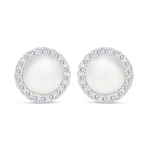 [EAR01PRL00WCZC486] Sterling Silver 925 Earring Rhodium Plated Embedded With White Shell Pearl And White CZ