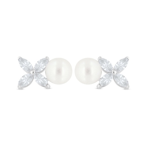 [EAR01PRL00WCZC490] Sterling Silver 925 Earring Rhodium Plated Embedded With White Shell Pearl And White Zircon